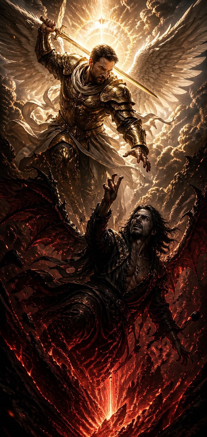 Michael raising his sword as Lucifer reaches up