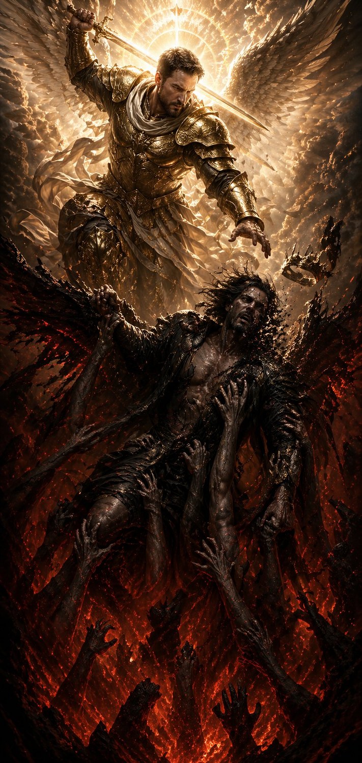 Lucifer terrified as the hands of the damned pull him into the pit