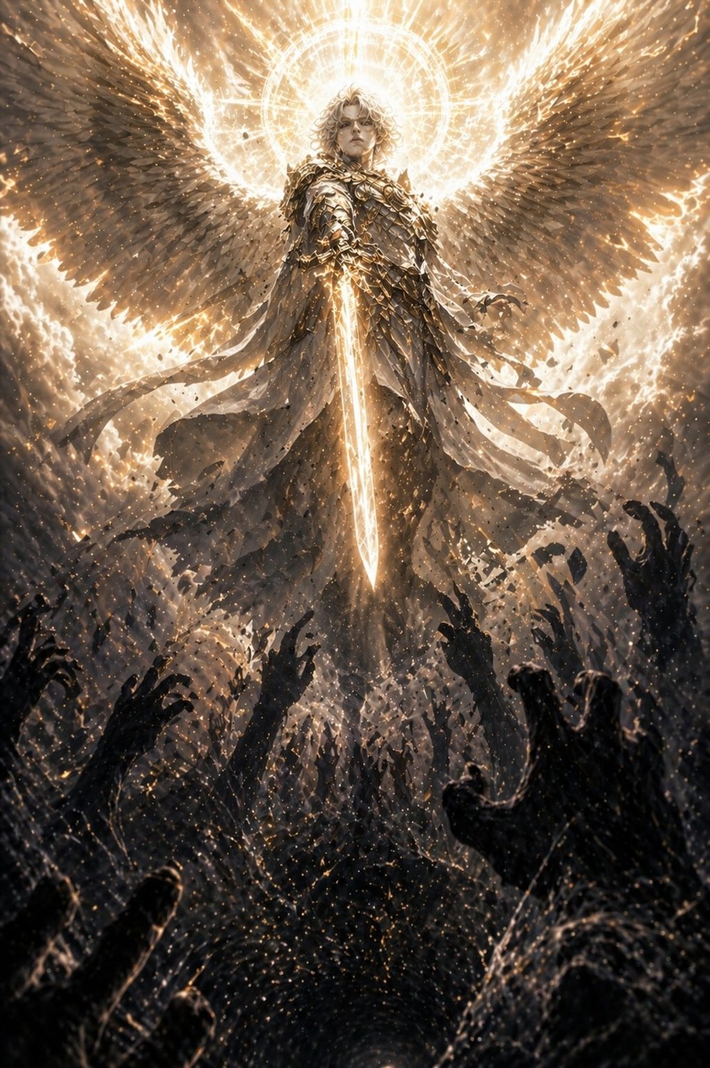 Michael victorious, blade lowered, the damned reaching up from the pit below