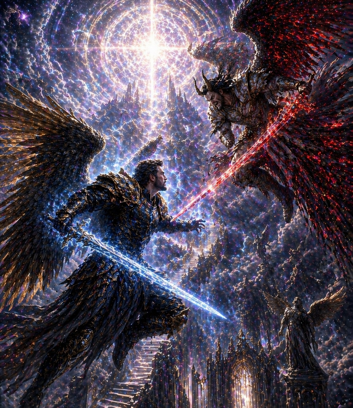 Michael and Lucifer locked in combat, blades crossed
