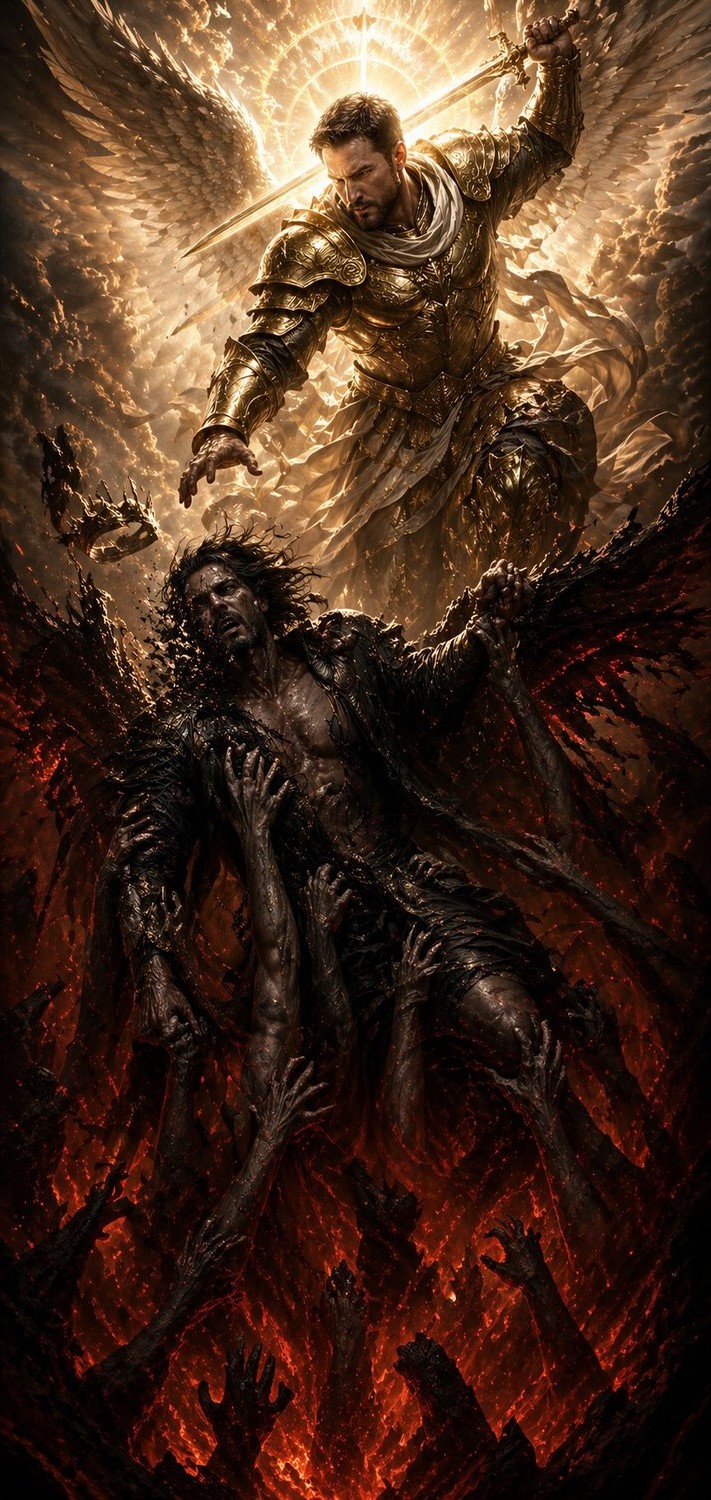 Lucifer terrified as the hands of the damned pull him into the pit